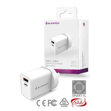 Blacktech 20W Dual Port USB-C PD QC3.0 Fast Wall Charger Adapter with Smart IC - White
